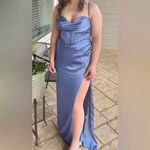 Smoky Blue Satin Gown sz 10 prom formal bridesmaid dress. Corset lace up back.